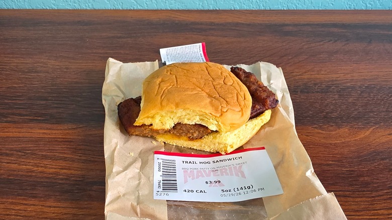 Trail hog sandwich with cut missing on wrapper