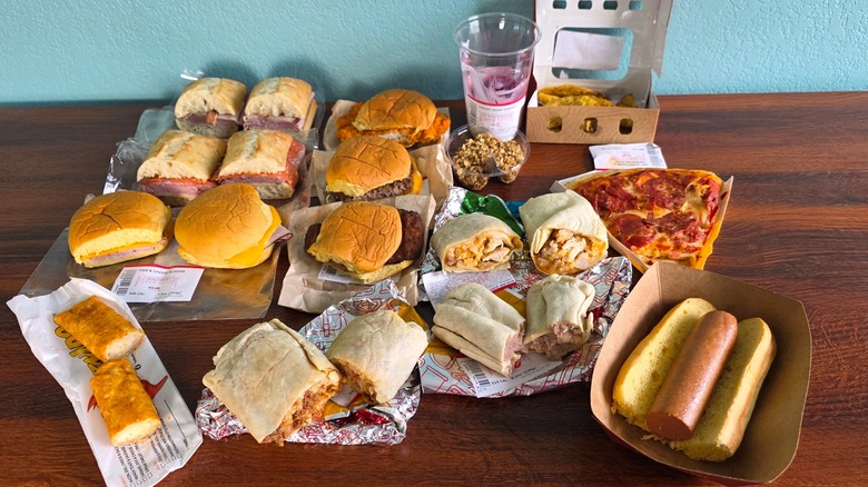 Maverik food items on wrappers on table