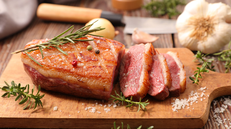 a seared, sliced duck breast