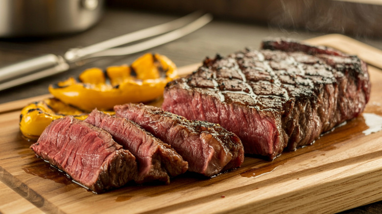 a cooked steak sliced on a wooden cutting board