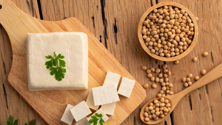 roasted soybeans with a block of tofu