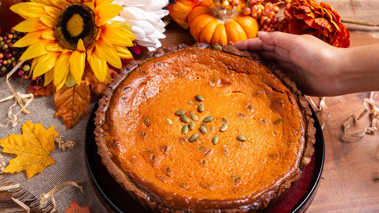 Pumpkin pie next to small pumpkins, orange and yellow leaves and flowers