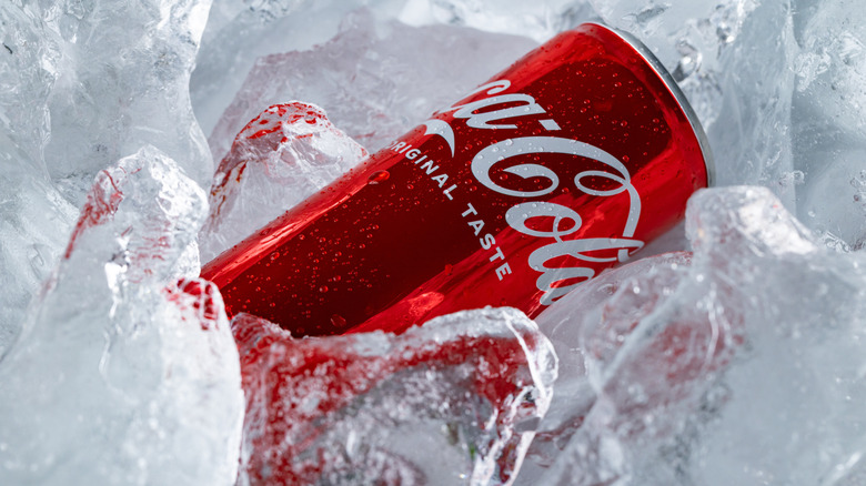 can of Coca-Cola sitting inside pile of ice