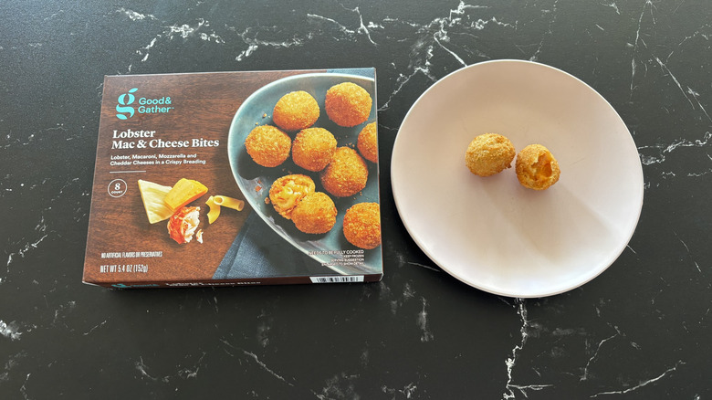 Good & Gather lobster mac and cheese bites box next to bites on plate