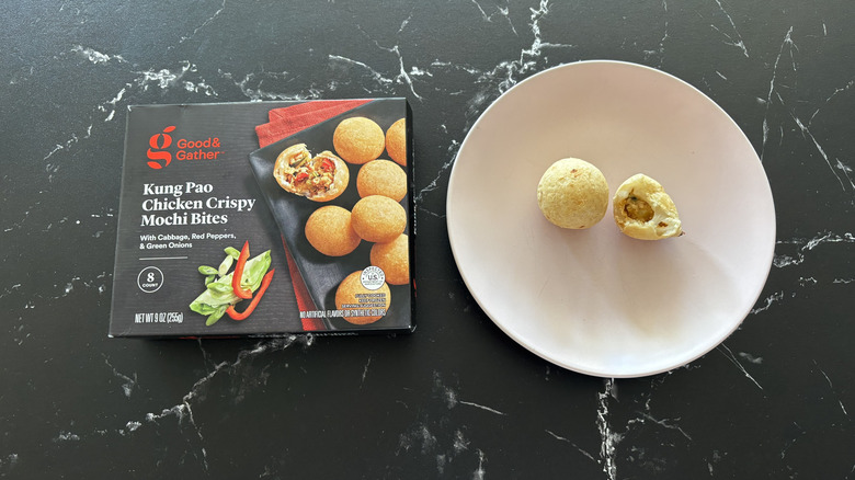 Good & Gather kung pao chicken mochi bites box next to mochi bites on plate
