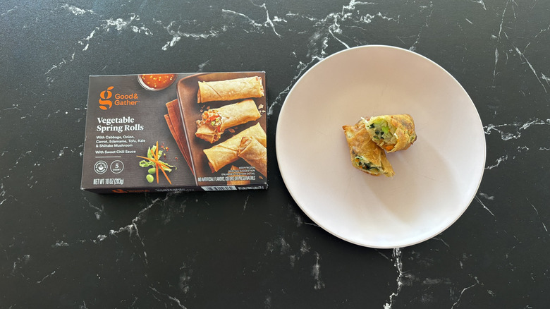 Good & Gather vegetable spring rolls box next to spring roll on plate