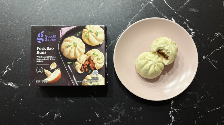 Good & Gather pork bao buns box next to bao buns on plate