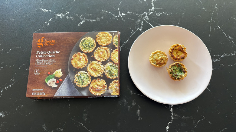Good & Gather petite quiche collection box next to mini quiches on plate