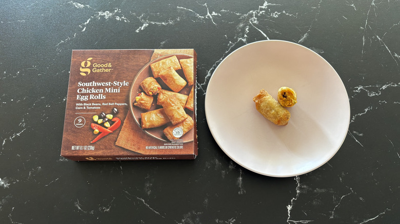Good & Gather southwest mini egg rolls box next to mini egg rolls on plate