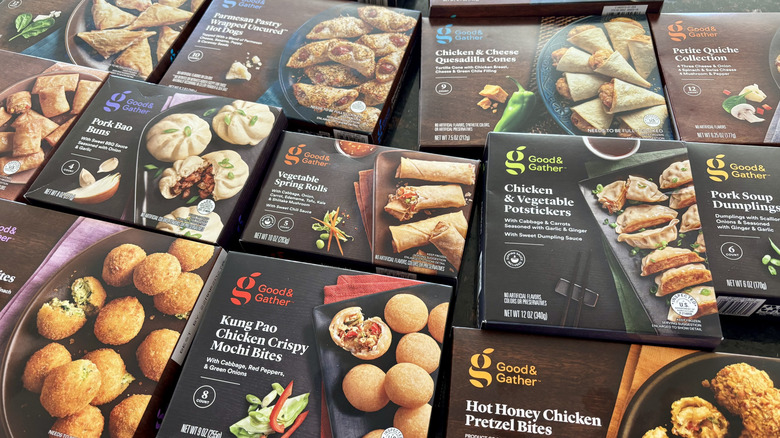 Various Good & Gather frozen appetizer boxes on countertop