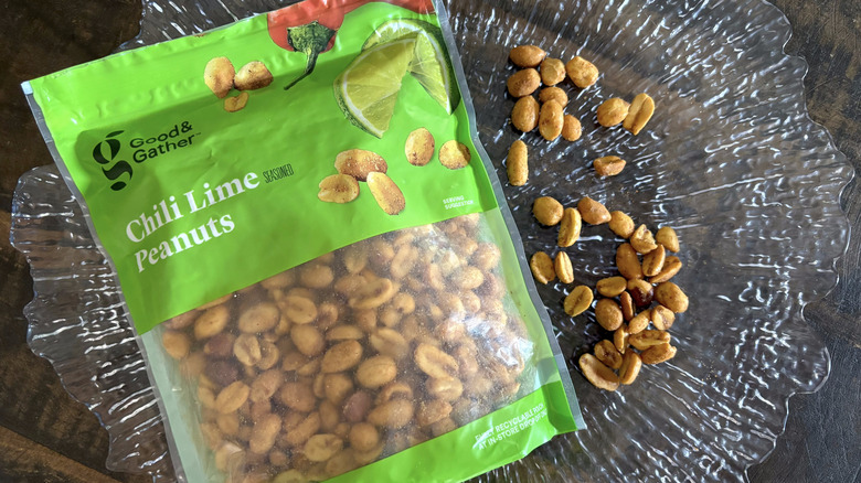 Good & Gather chili lime peanuts in bag and scattered on clear platter