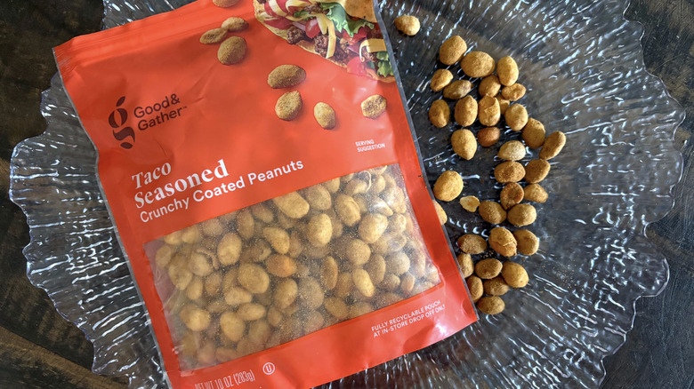 Good & Gather taco seasoned peanuts in bag and scattered on clear platter