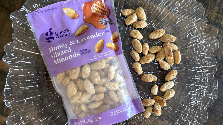 Good & Gather honey and lavender glazed almonds in bag and scattered on clear platter