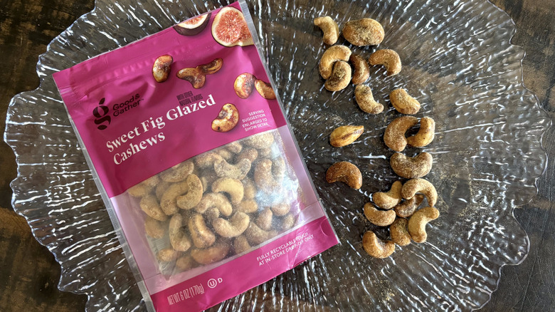Good & Gather sweet fig glazed cashews in bag and scattered on clear platter