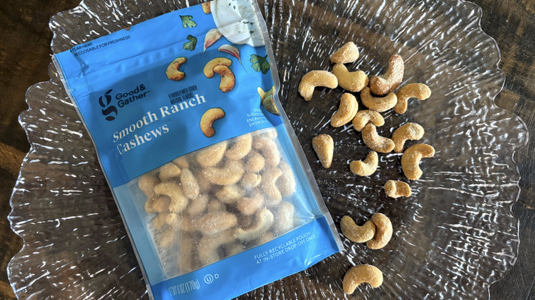 Good & Gather smooth ranch cashews in bag and scattered on clear platter