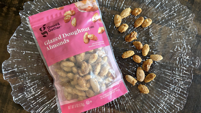 Good & Gather glazed donut almonds in bag and scattered on clear platter
