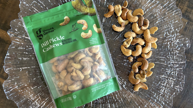 Good & Gather dill pickle cashews in bag and scattered on clear platter