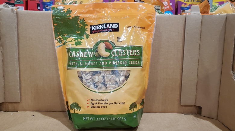 A bag of Kirkland Signature cashew clusters