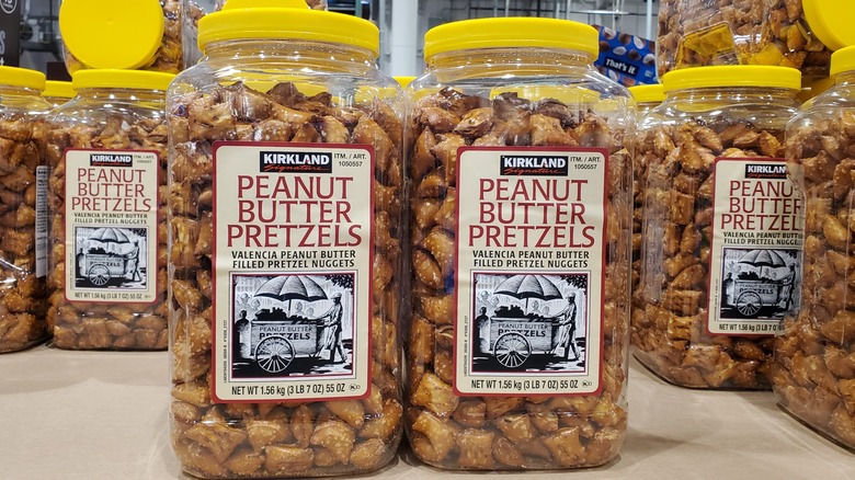 A tub of Kirkland Signature peanut butter pretzels