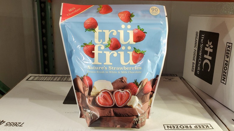A bag of Tru Fruit nature's strawberries frozen in white & milk chocolate at Costco