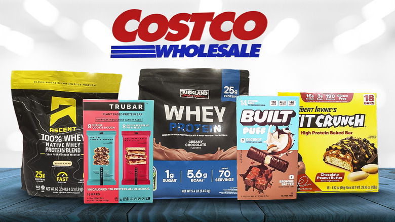 A Costco logo above various protein products