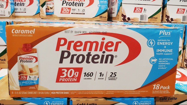 A box of Premier Protein caramel high protein shakes