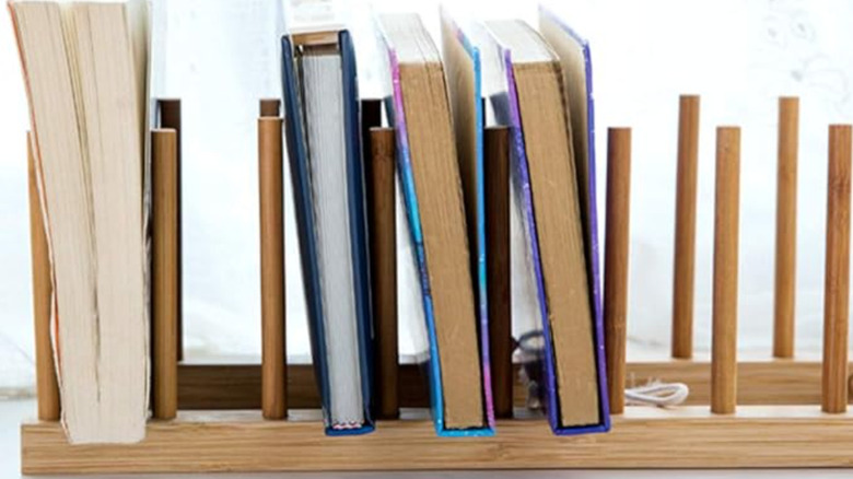 Cookbooks organized in dish rack in kitchen.