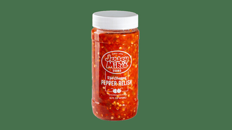 A jar of Jersey Mike's hot chopped pepper relish from the menu