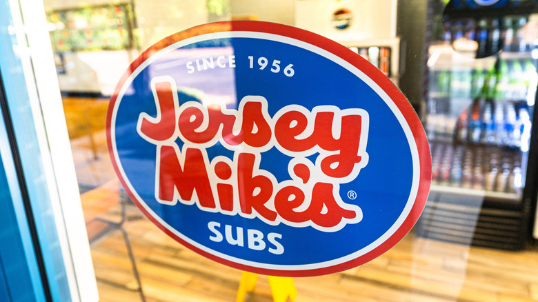 Jersey Mike's colorful sign and wooden floors inside