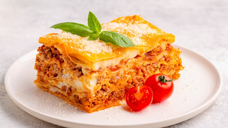 Slice of lasagna on plate