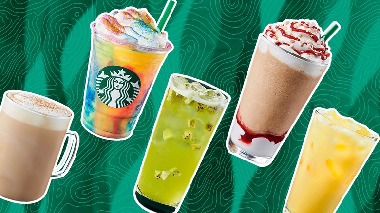 various Starbucks Frappuccinos green background