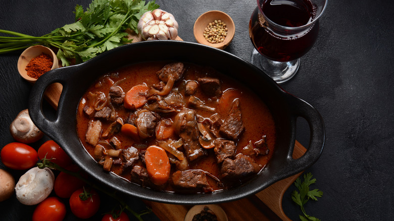 Pot of beef bourguignon
