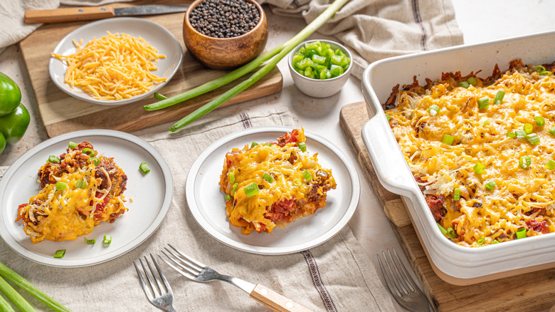 baking dish and plates of casserole