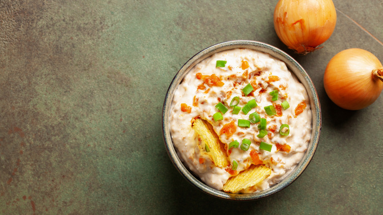 Bowl of french onion dip with onions