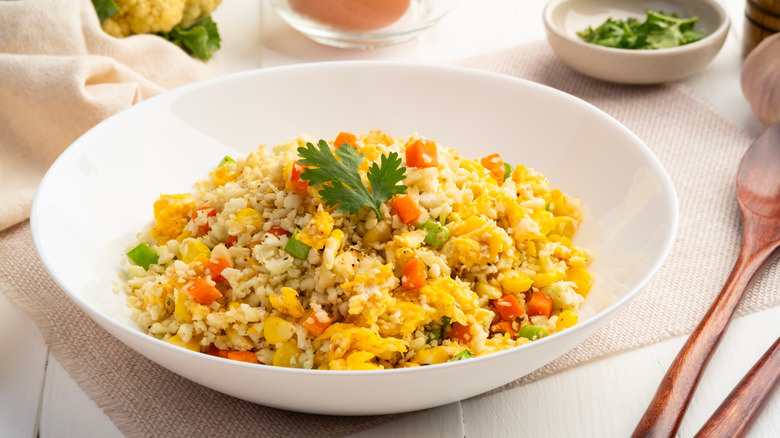 Cauliflower rice with sauce in a bowl
