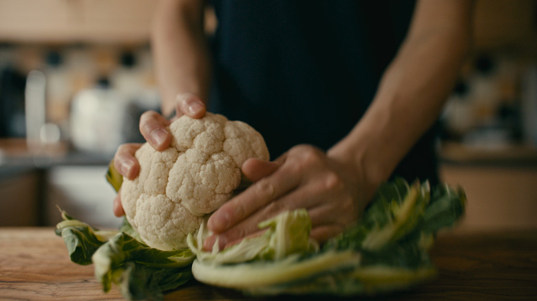 Close up of cauliflower with cauliflower leave