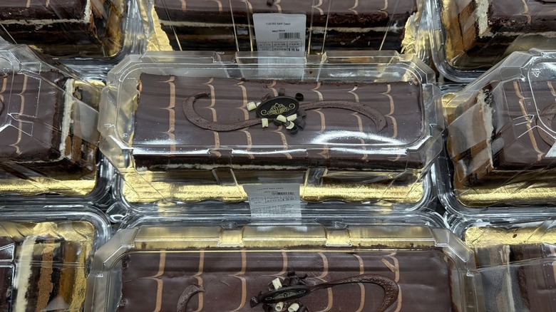 Several packages of Member's Mark tuxedo bar cake with chocolate mousse on display