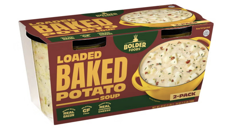 Package of Bolder Foods Loaded Baked Potato Soup on white background
