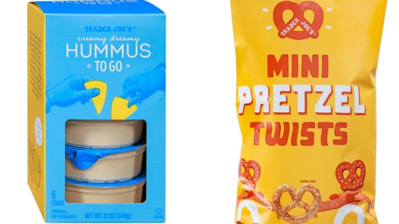 Trader Joe's hummus and pretzels on white background