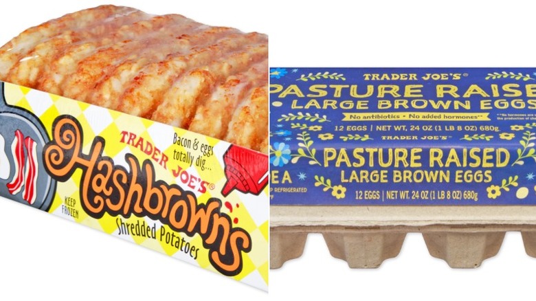 Trader Joe's hashbrowns and eggs on white background