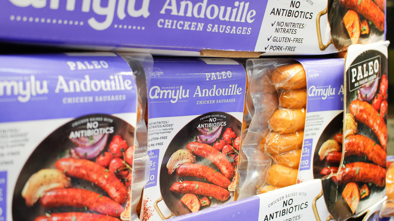 Packages of Amylu Andouille chicken sausages for sale at Costco