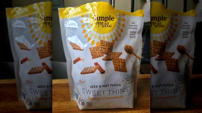 An open bag of Simple Mills Honey Cinnamon Sweet Thins purchased from Costco