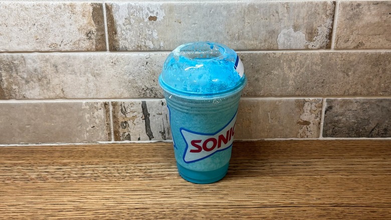 Sonic drink customization made with Blue coconut slush with vanilla ice cream blended