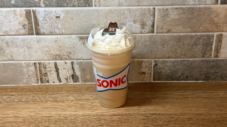 Sonic drink customization with Iced coffee, bourbon caramel, vanilla soft serve