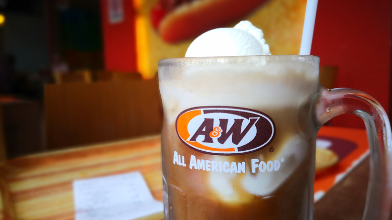 An A&W root beer float in a frosty mug