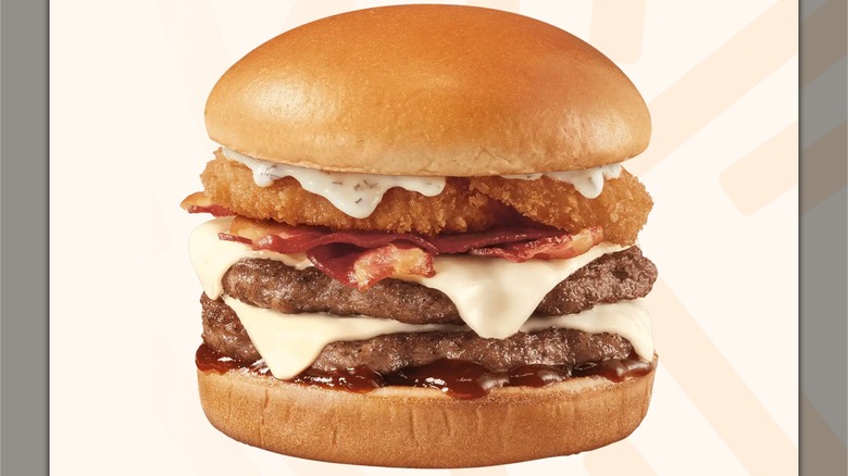 Dairy Queen Backyard Bacon Ranch Signature Stackburger Triple on a neutral and white background