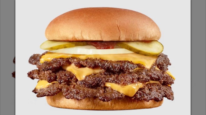 Steak 'n Shake Triple Steakburger with cheese on white background