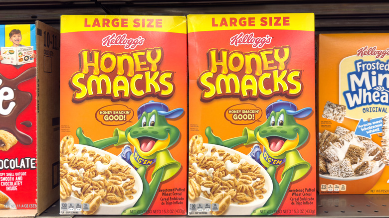 Boxes of Honey Smacks on grocery store shelf