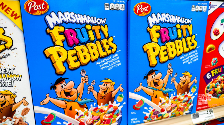 Boxes of Marshmallow Fruity Pebbles on store shelf