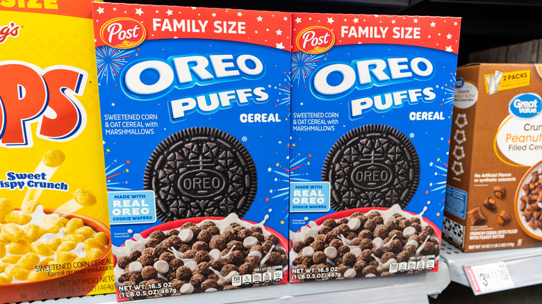 Boxes of Oreo Puffs on grocery store shelf